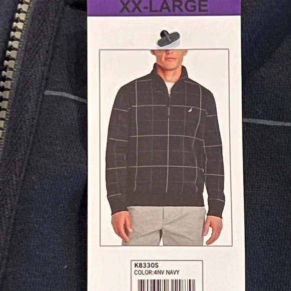 MENS NAVY PLAID ZIP UP SWEATER - Picture 3 of 5